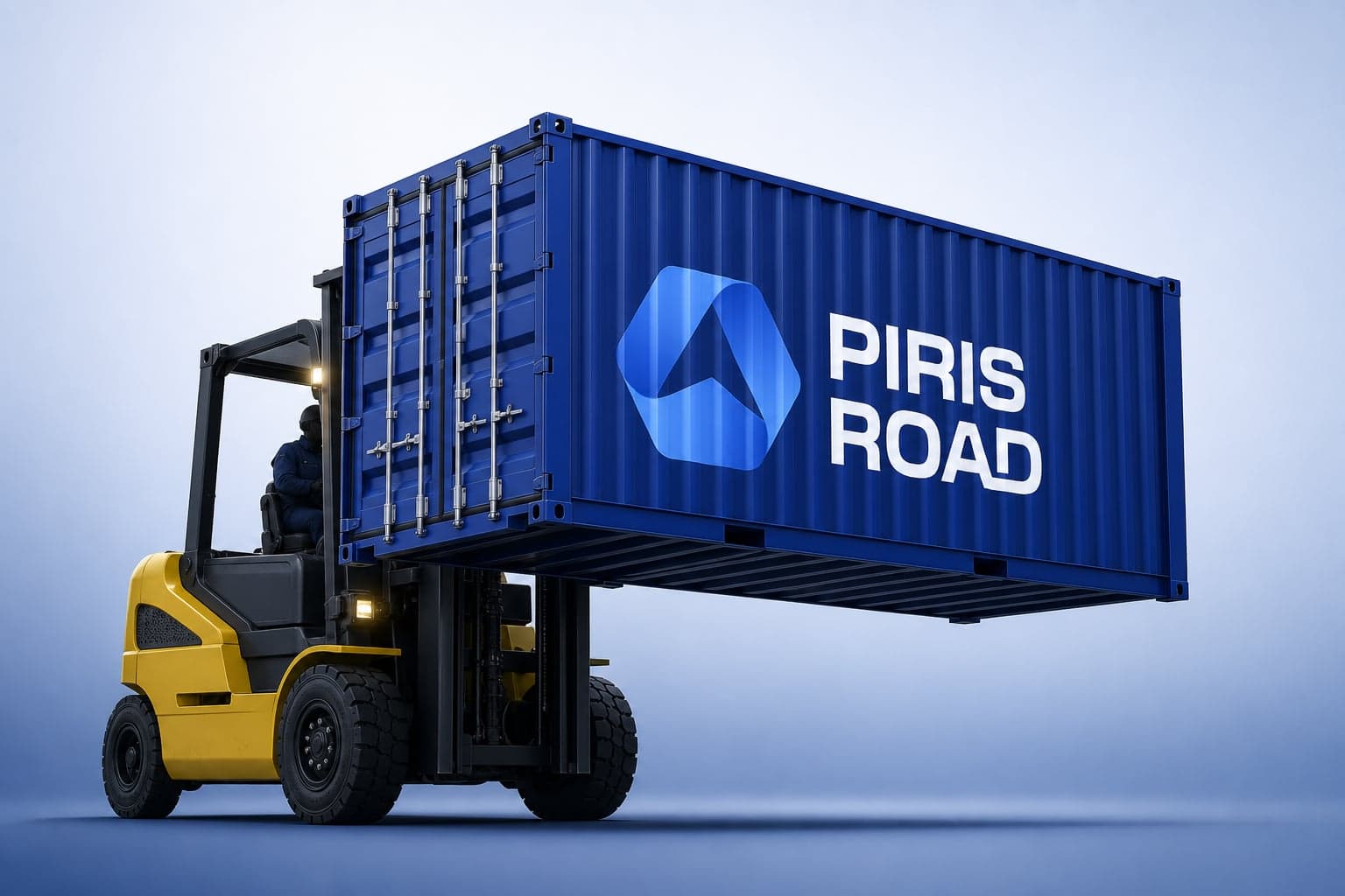 Piris Road — branded container being placed by a forklift in the yard